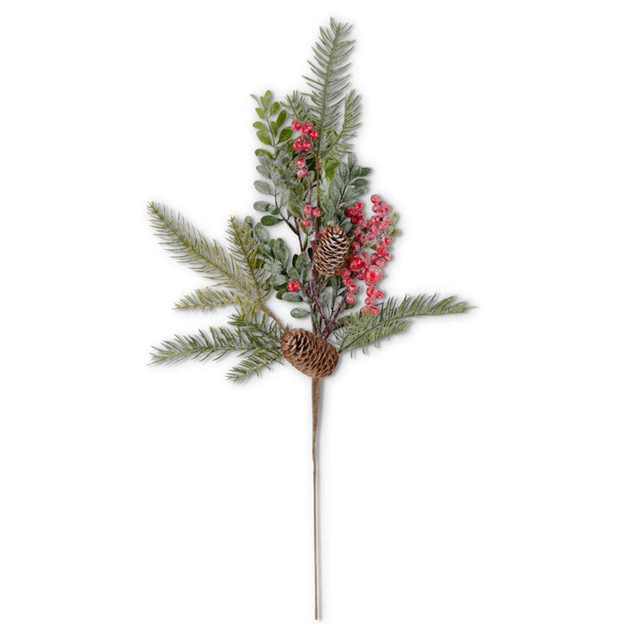 22" Glittered Boxwood Berry Pinecone Stem