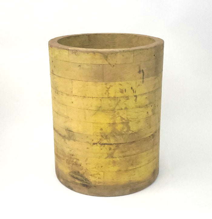 Antique Country Primitive Large Wooden Bucket, 15" Tall Cylinder Older Yellow Paint