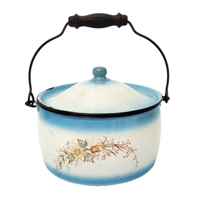 Antique Decorated Enamel Ware Bucket - Kettle Blue & White With Flowers by Stewart