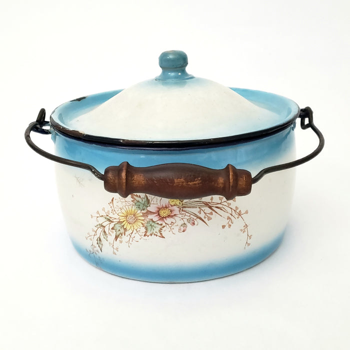 Antique Decorated Enamel Ware Bucket - Kettle Blue & White With Flowers by Stewart