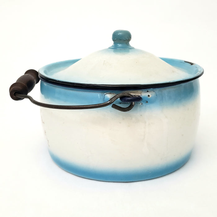 Antique Decorated Enamel Ware Bucket - Kettle Blue & White With Flowers by Stewart