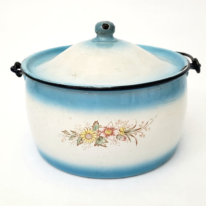 Antique Decorated Enamel Ware Bucket - Kettle Blue & White With Flowers by Stewart