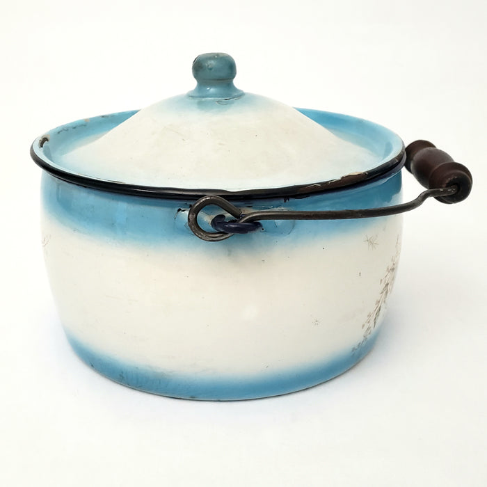 Antique Decorated Enamel Ware Bucket - Kettle Blue & White With Flowers by Stewart