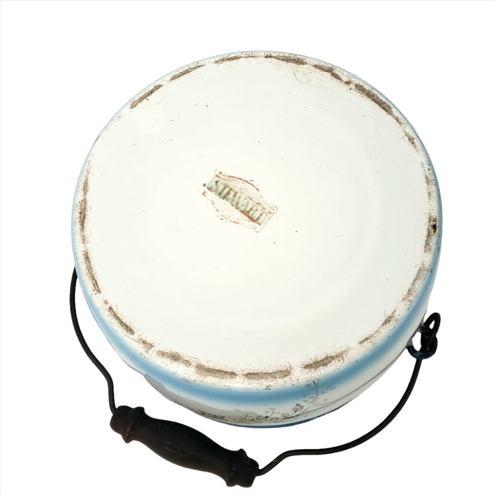 Antique Decorated Enamel Ware Bucket - Kettle Blue & White With Flowers by Stewart