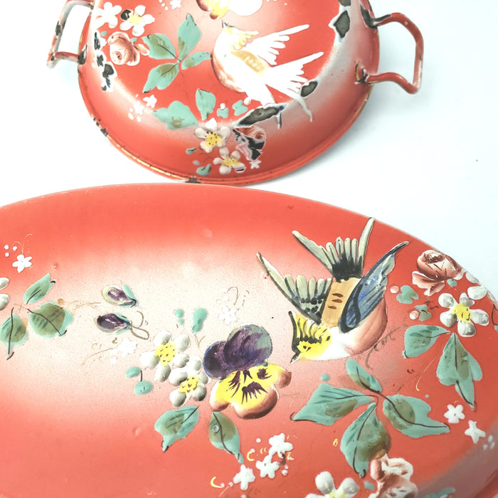 Antique French Enameled Orange-Red Small Serving Pans Birds Flowers Set of 2