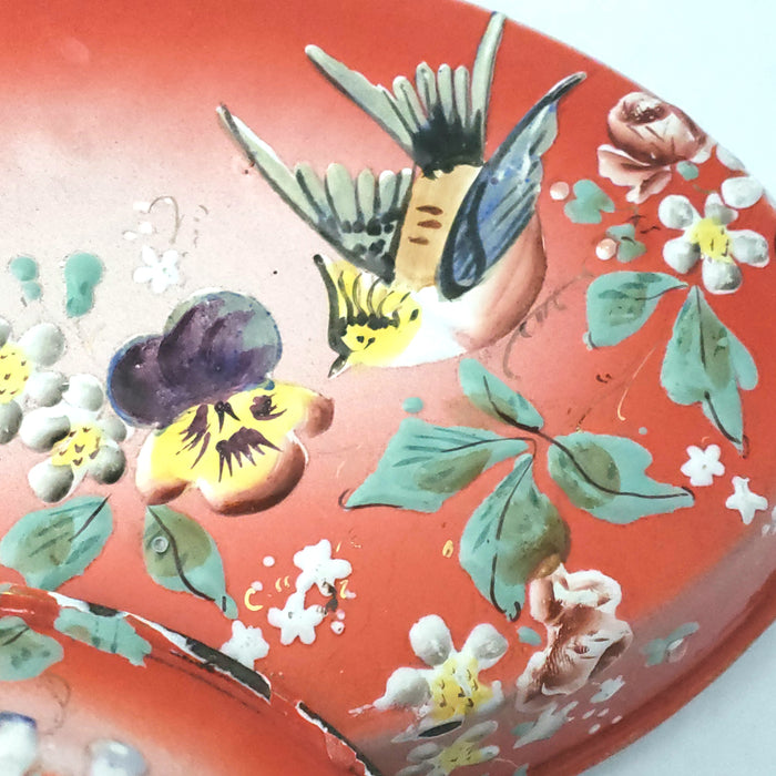 Antique French Enameled Orange-Red Small Serving Pans Birds Flowers Set of 2