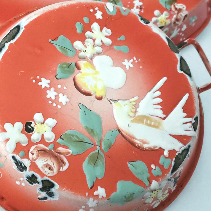 Antique French Enameled Orange-Red Small Serving Pans Birds Flowers Set of 2