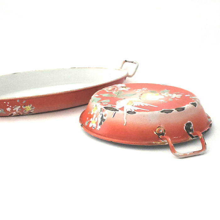Antique French Enameled Orange-Red Small Serving Pans Birds Flowers Set of 2