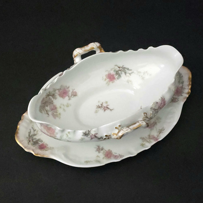 Antique Gravy Boat Attached Underplate Pink Roses Theodore Haviland Limoges France