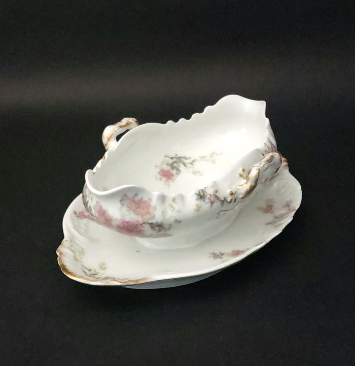 Antique Gravy Boat Attached Underplate Pink Roses Theodore Haviland Limoges France