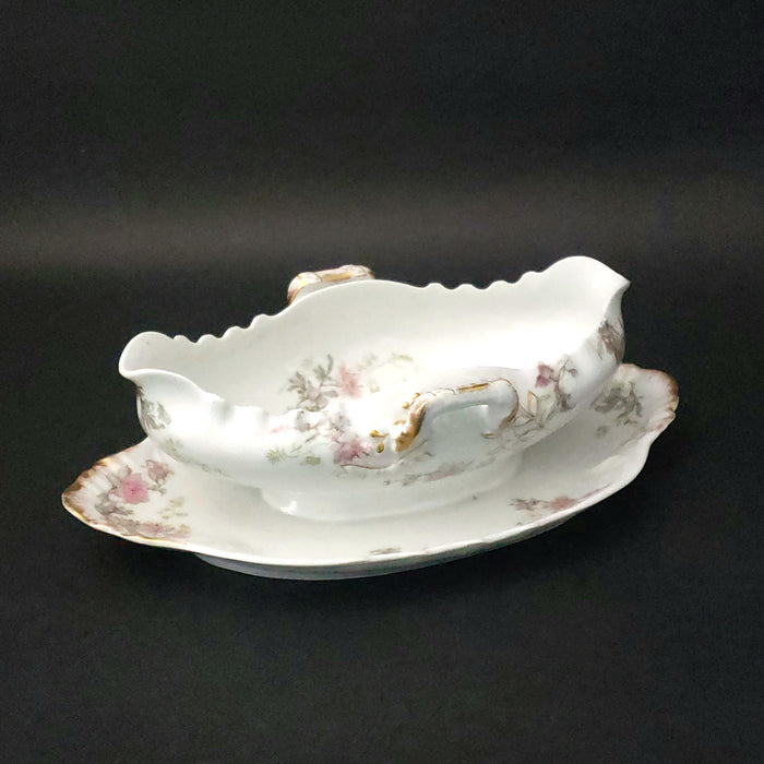 Antique Gravy Boat Attached Underplate Pink Roses Theodore Haviland Limoges France