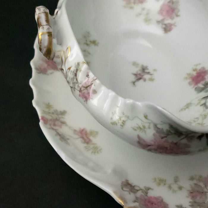 Antique Gravy Boat Attached Underplate Pink Roses Theodore Haviland Limoges France