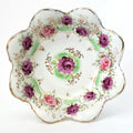 Antique Hand Painted Porcelain Candy Nut Bowl Pink and Purple Floral Scalloped Edge