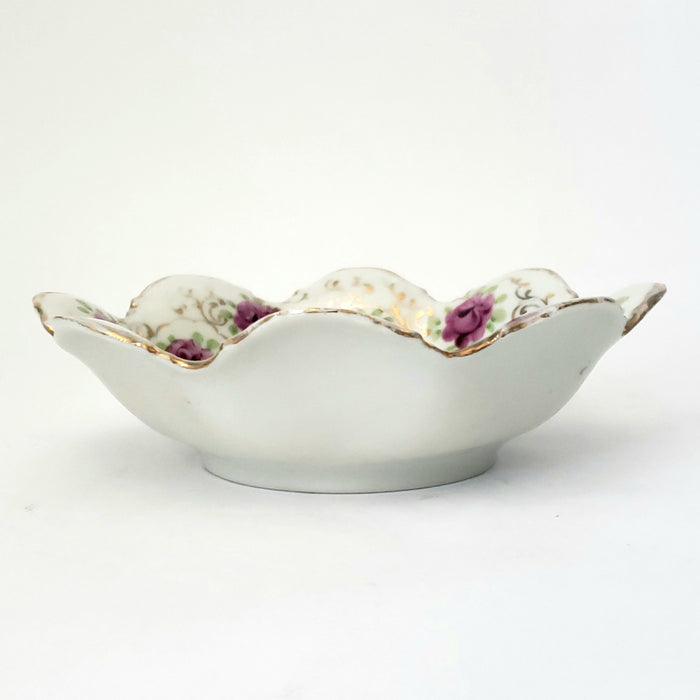 Antique Hand Painted Porcelain Candy Bowl Pink and Purple Floral Scalloped Edge