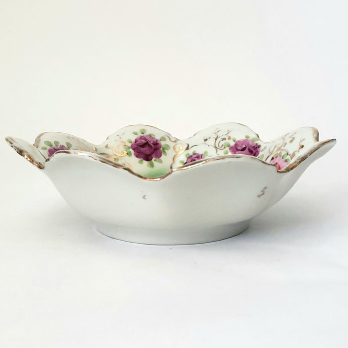 Antique Hand Painted Porcelain Candy Bowl Pink and Purple Floral Scalloped Edge