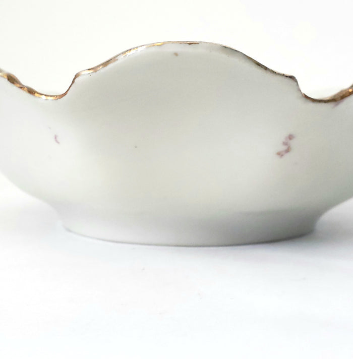 Antique Hand Painted Porcelain Candy Bowl Pink and Purple Floral Scalloped Edge