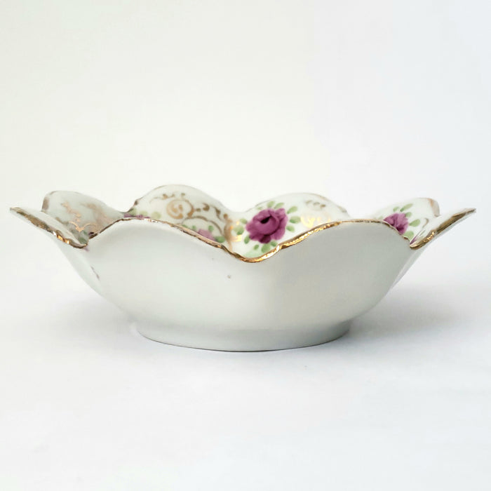 Antique Hand Painted Porcelain Candy Bowl Pink and Purple Floral Scalloped Edge