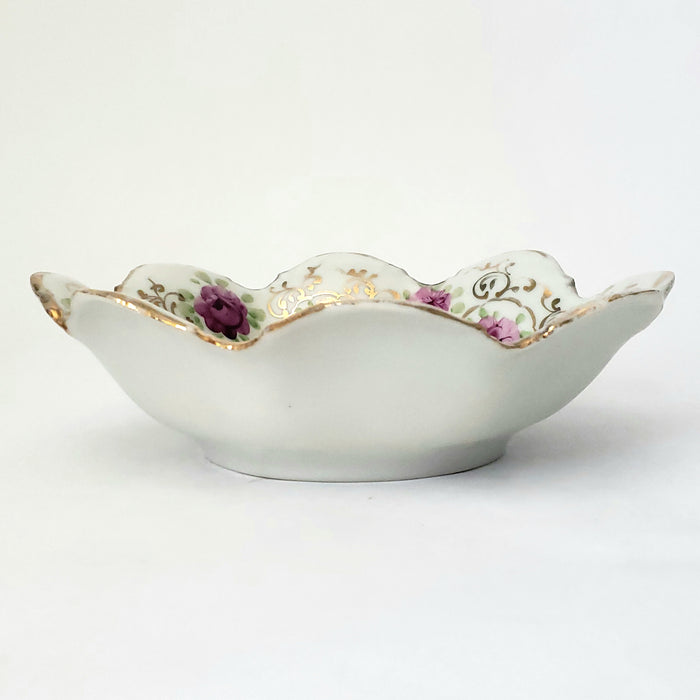 Antique Hand Painted Porcelain Candy Bowl Pink and Purple Floral Scalloped Edge