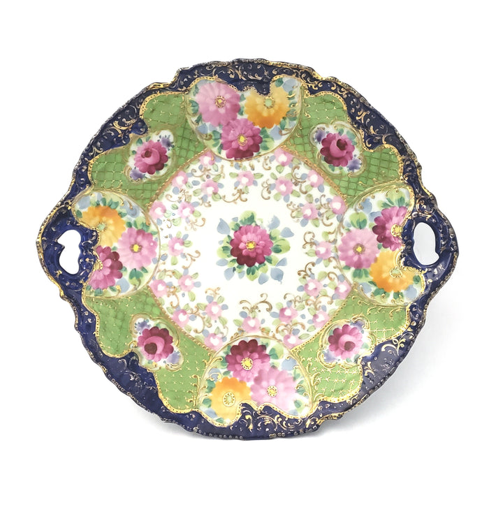 Antique Hand Painted Porcelain Serving Cabinet Plate Floral Pierced Handles