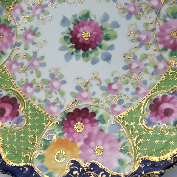 Antique Hand Painted Porcelain Serving Cabinet Plate Floral Pierced Handles