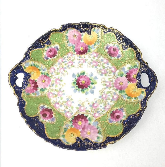 Antique Hand Painted Porcelain Serving Cabinet Plate Floral Pierced Handles