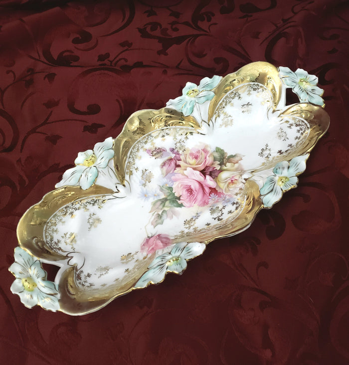 Antique Porcelain Celery or Relish Dish Highly Decorated Pierced Handles Germany