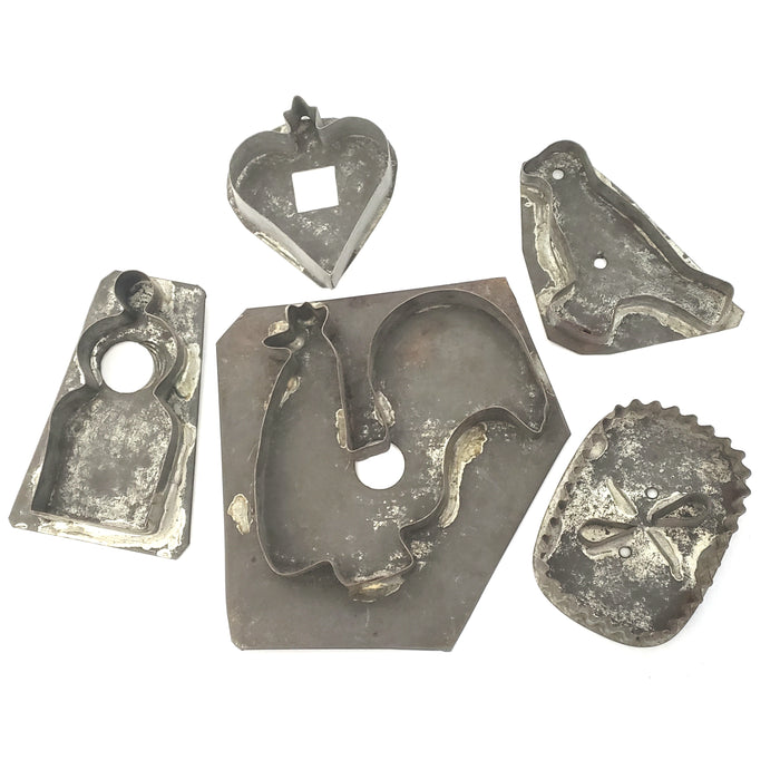 Antique Tin Cookie Cutters Folk Art Bird, Heart, Rooster, Schoolmarm, Ruffled Rectangle