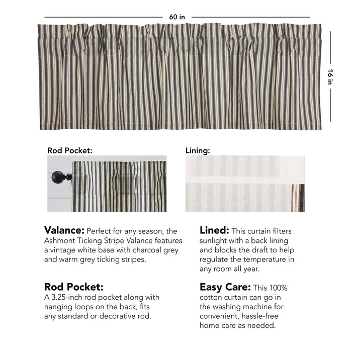 Ashmont Lined Ticking Stripe Valance 16x60 Inches Farmhouse Country