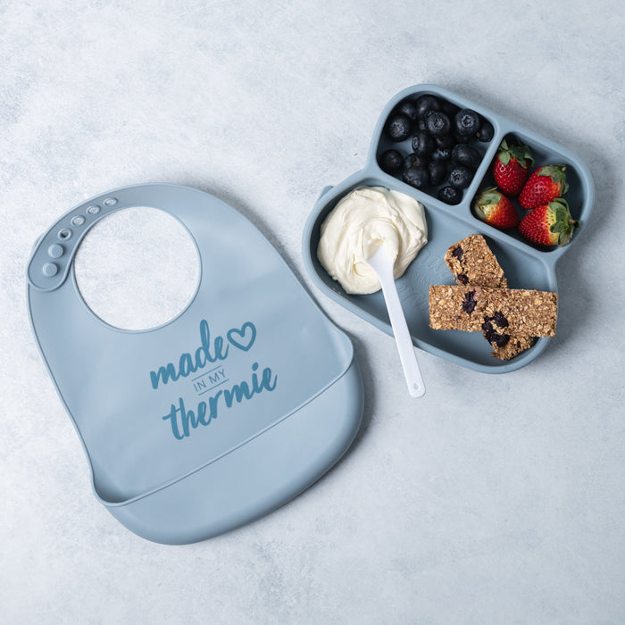 Baby plate with  sections and matching bib