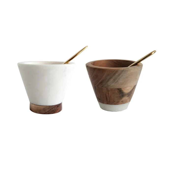 Creative Co-Op Marble & Mango Wood Pinch Pot Set with Brass Spoon set of 2