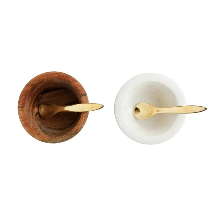 Creative Co-Op Marble & Mango Wood Pinch Pot Set with Brass Spoon set of 2
