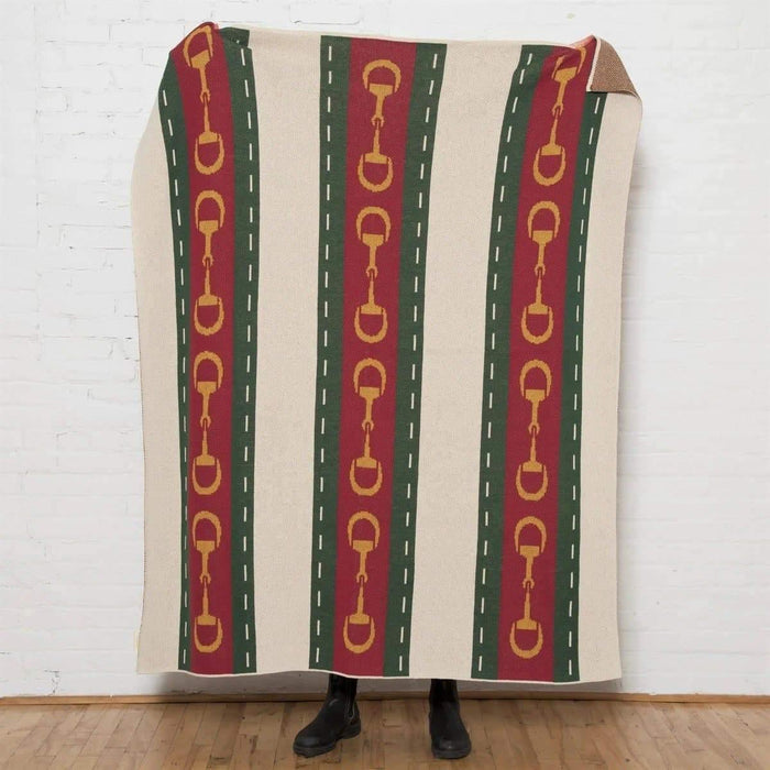 Eco Equine Striped Snaffle Woven Throw Blanket, Ivory, red, green, yellow. Made in the USA. Your Western Decor