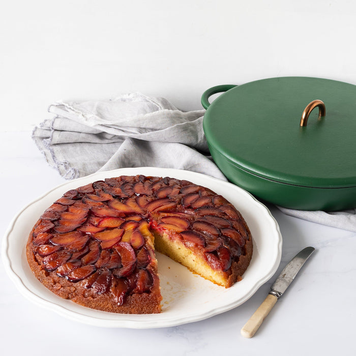 Angled view of casserole dish with dessert