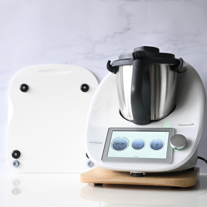 Thermomix® appliance on wooden glider board for smooth repositioning