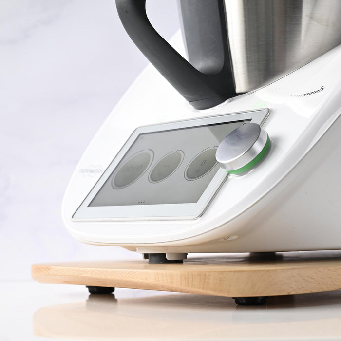 Wooden Thermomix® glider board in kitchen setting under appliance