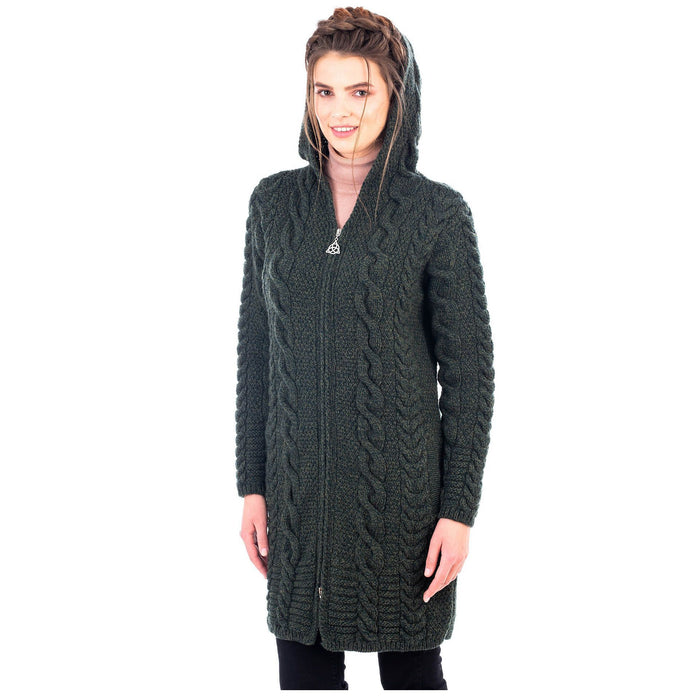 Merino Wool Aran Cable Knit Hooded Zip Coatigan 2 Colors Made in Ireland - Olde Church Emporium