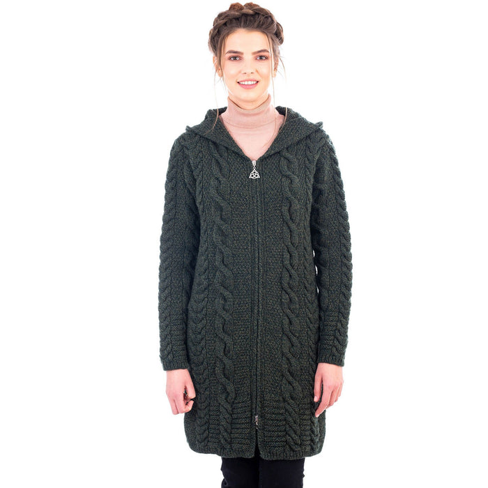 Merino Wool Aran Cable Knit Hooded Zip Coatigan 2 Colors Made in Ireland - Olde Church Emporium