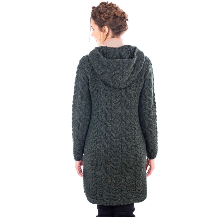 Merino Wool Aran Cable Knit Hooded Zip Coatigan 2 Colors Made in Ireland - Olde Church Emporium