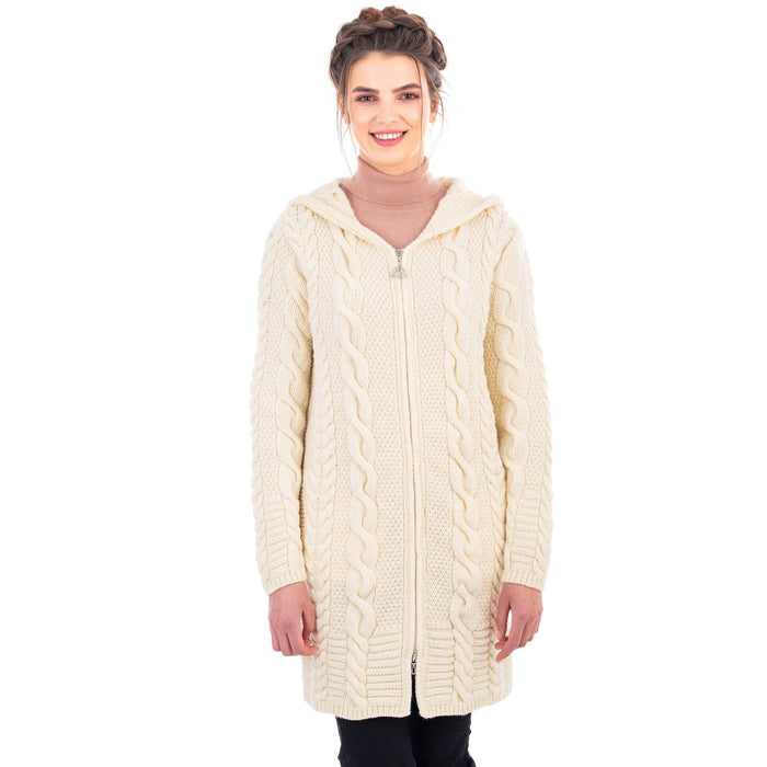 Merino Wool Aran Cable Knit Hooded Zip Coatigan 2 Colors Made in Ireland - Olde Church Emporium