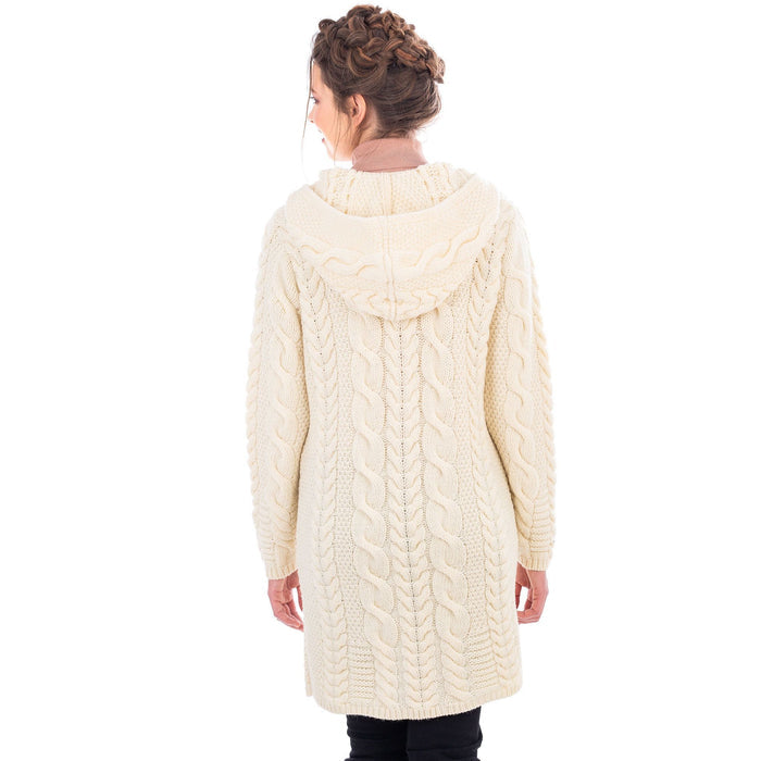Merino Wool Aran Cable Knit Hooded Zip Coatigan 2 Colors Made in Ireland - Olde Church Emporium