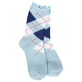 Women's light blue mini argyle socks featuring navy and white diamonds, red accents, and a delicate ruffled cuff.
