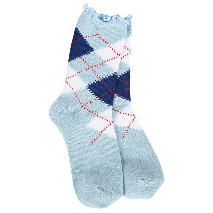 Women's light blue mini argyle socks featuring navy and white diamonds, red accents, and a delicate ruffled cuff.