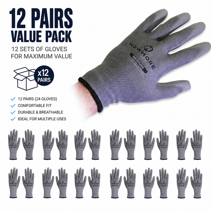 MowMore PU Coated Safety Work Gloves, EN388, 12 Pair Pack, MMWG-M | MowMore