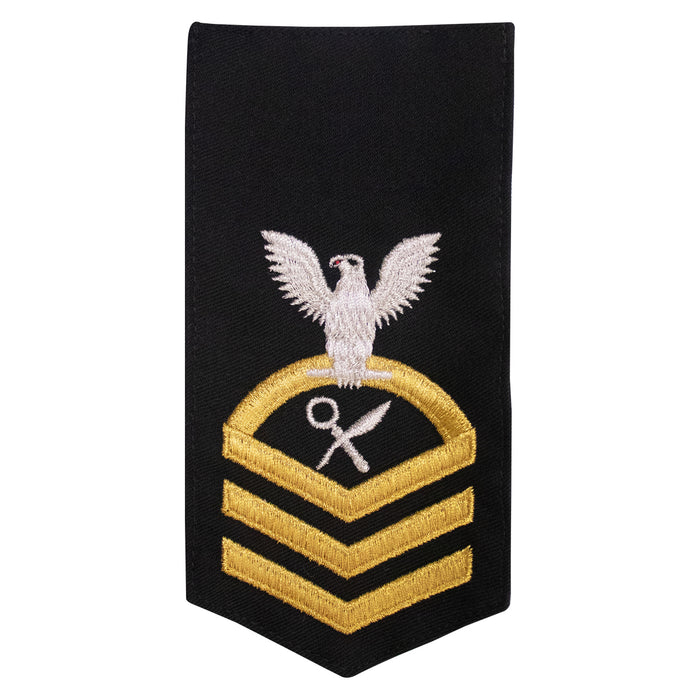 Navy E7 FEMALE Rating Badge: IS Intelligence Specialist - seaworthy gold on blue