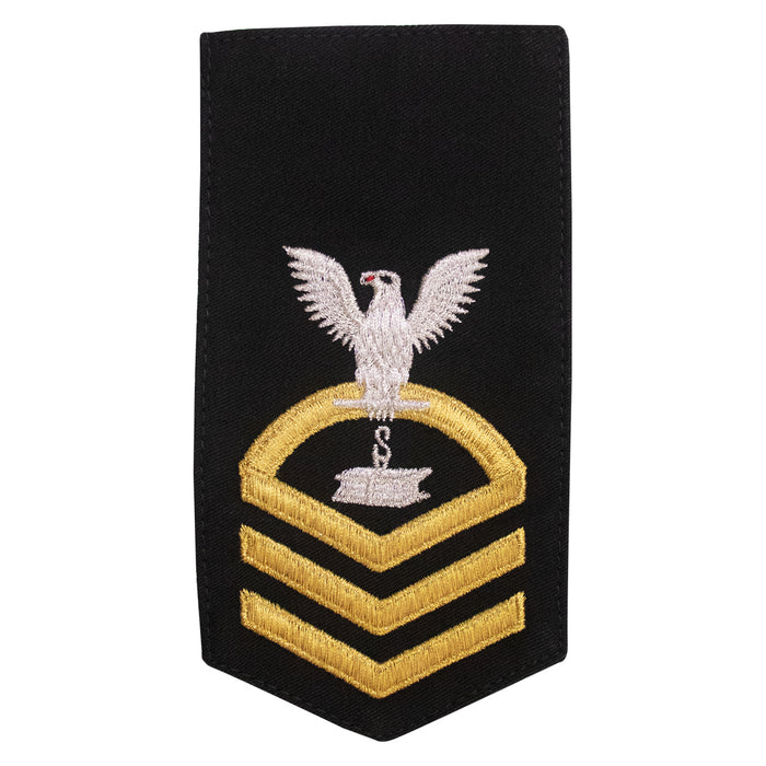 Navy E7 FEMALE Rating Badge: SW Steelworker - seaworthy gold on blue