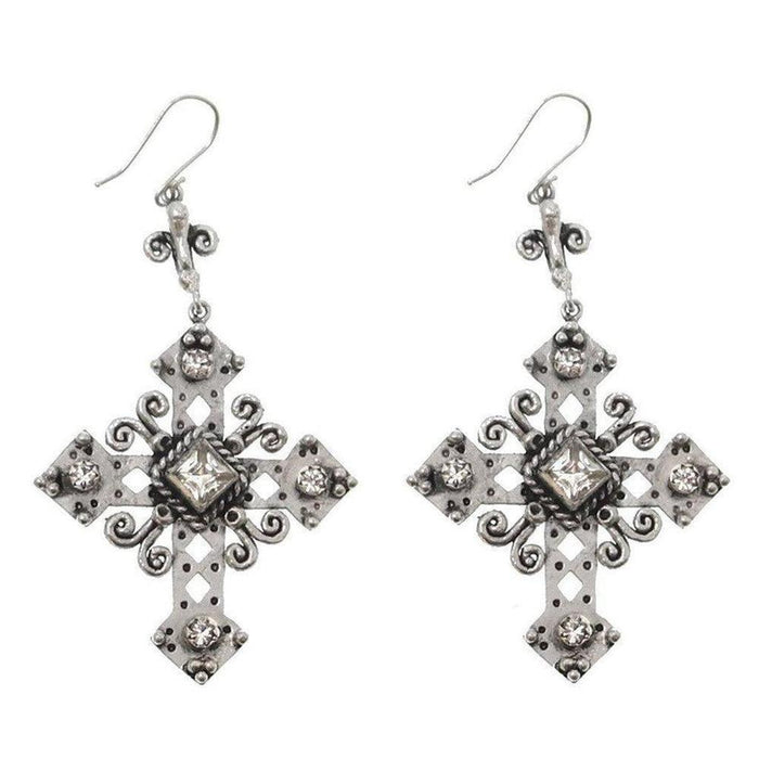 Paloma Cross Earrings: Silver-tone cross design, clear crystal accents.