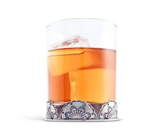 Double old fashioned western glasses with mid-relief repoussé pewter collar - 2-pc set - Your Western Decor