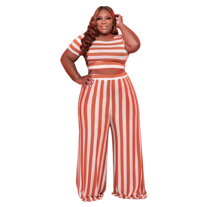 Plus Size Striped Street Casual Suit  Women Two-Piece Suit