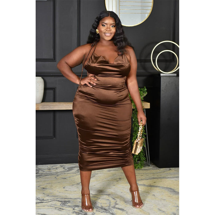 Plus Size Women Nightclub Halter Lace-up Pleated Zipper Glossy Dress