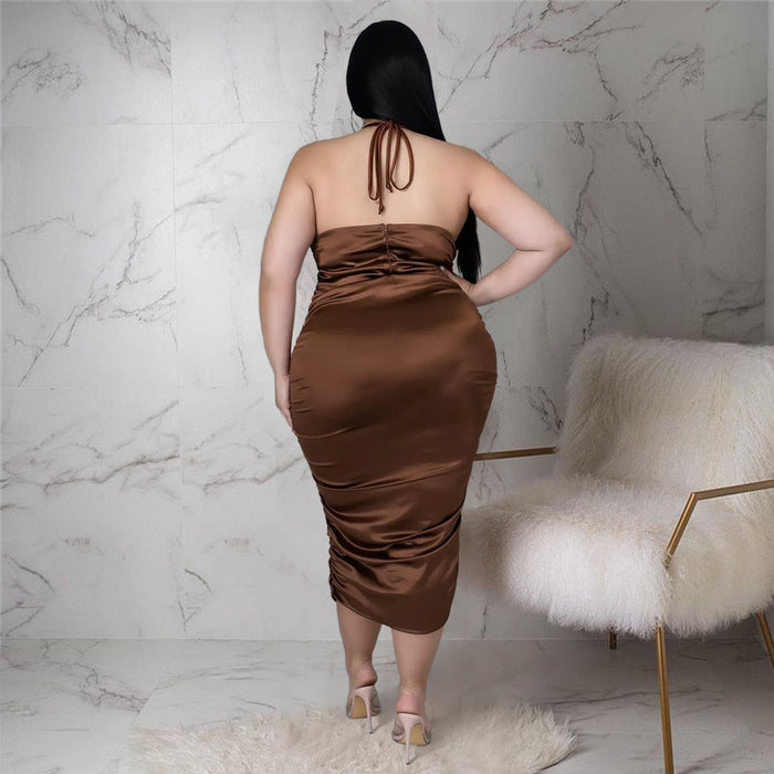 Plus Size Women Nightclub Halter Lace-up Pleated Zipper Glossy Dress